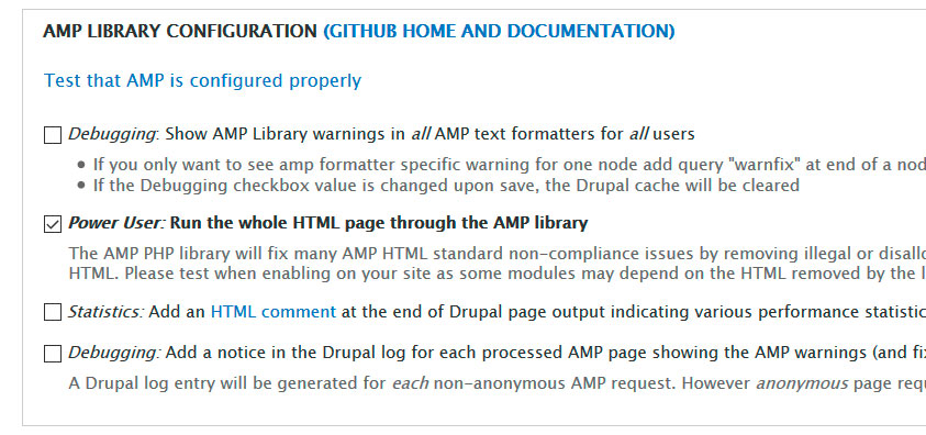 Настройки AMP модуля Drupal 7